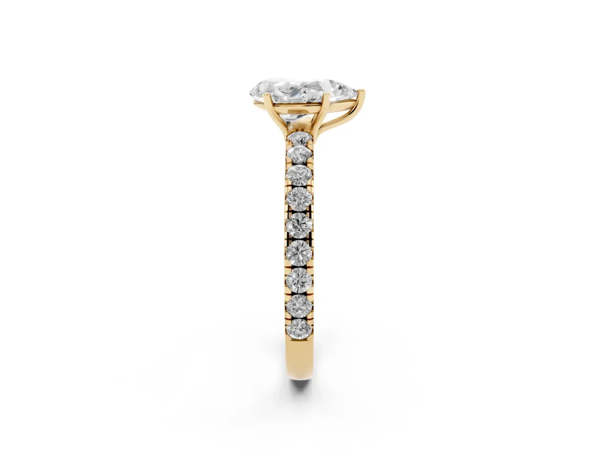 Pear Cut Diamond Pavé Solitaire Engagement Ring with Four-Prong Setting Yellow gold