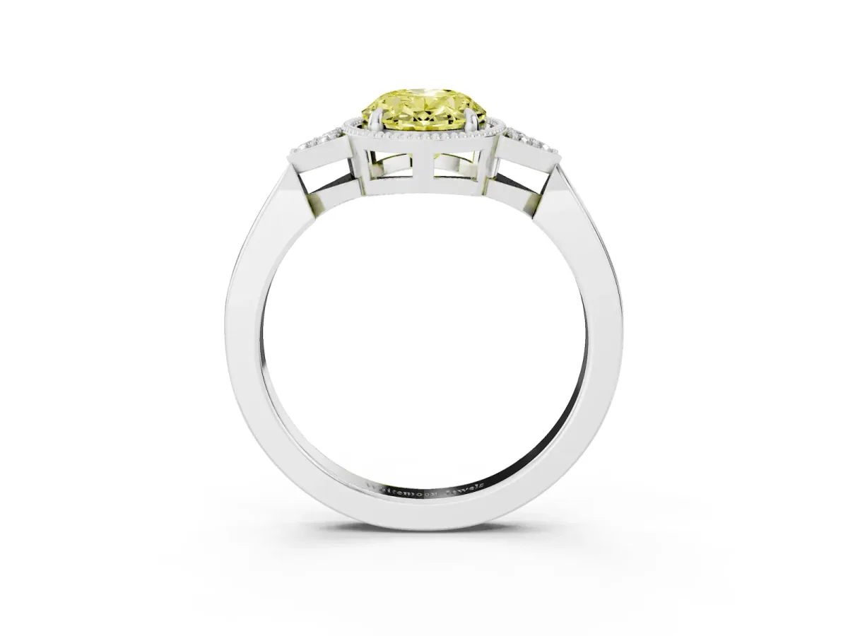 Fancy Yellow Hexagonal Halo Oval Cut Diamond Solitaire with Pavé Band and Four-Prong Setting Silver
