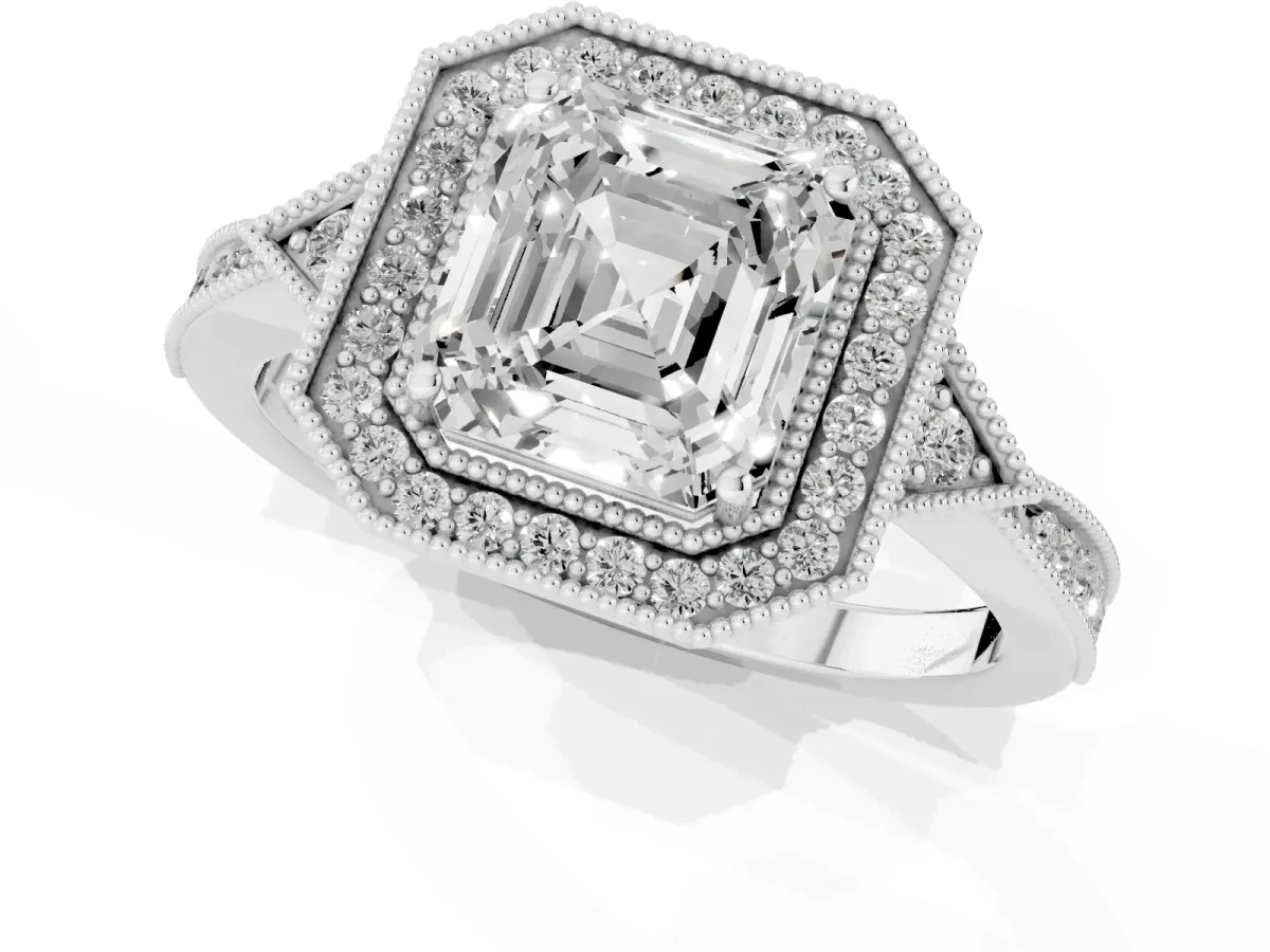 Asscher Cut Halo Round Diamond Milgrain Pave Engagement Ring Silver