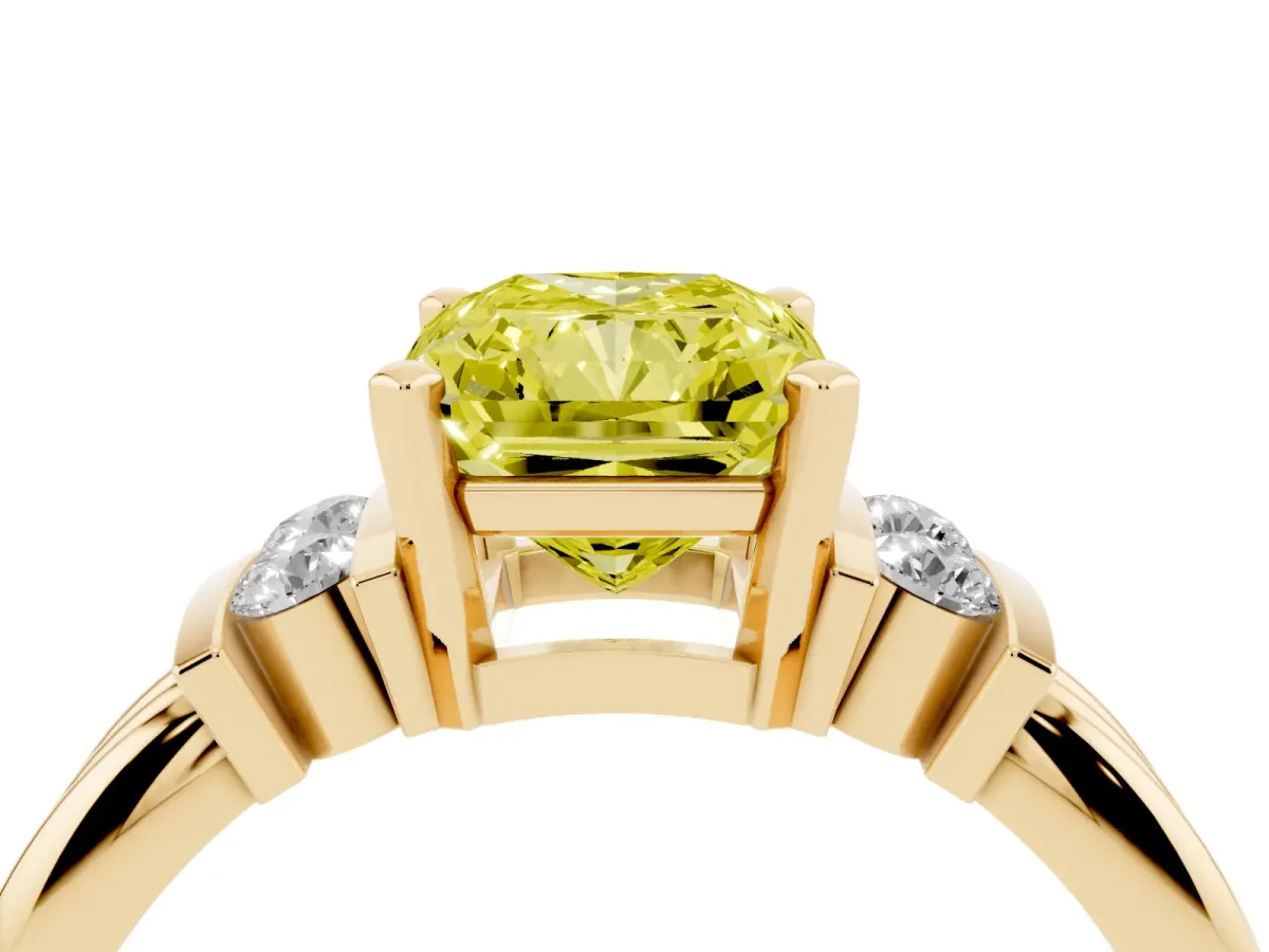 Fancy Yellow Radiant Cut Cut Three-Stone Channel Set Ring with Bar Prongs Yellow gold