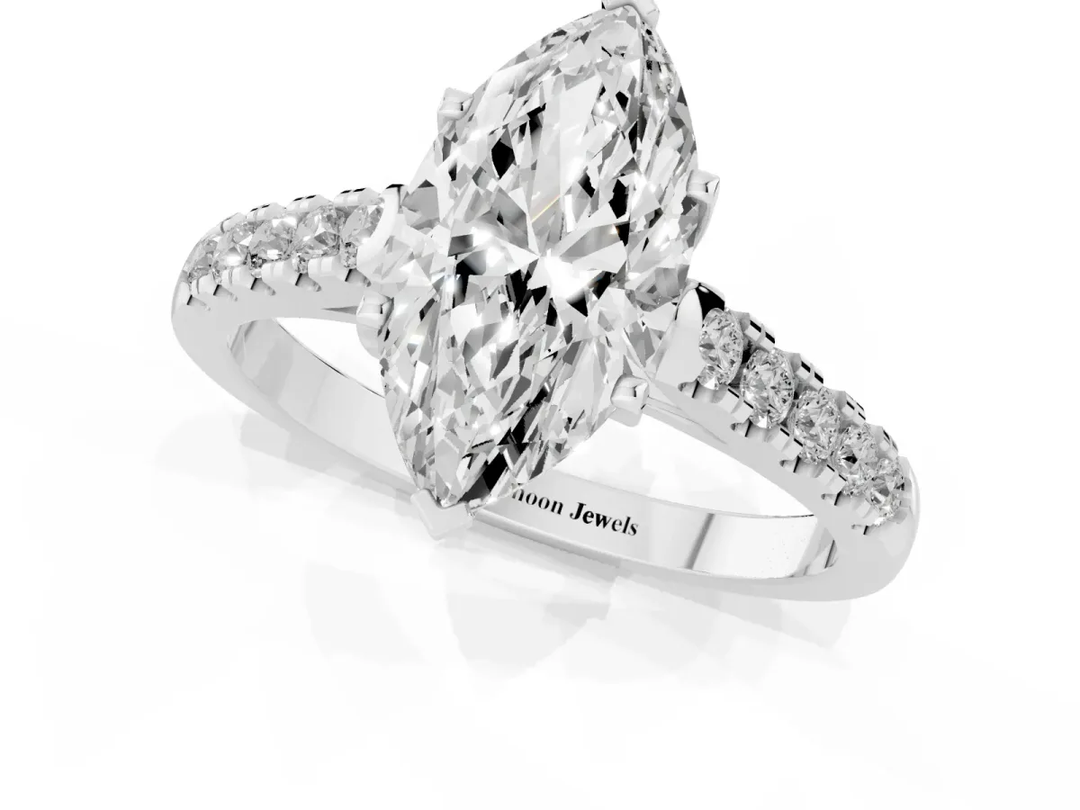 Marquise Cut Diamond Pavé Band Solitaire Ring with Prong Setting White gold