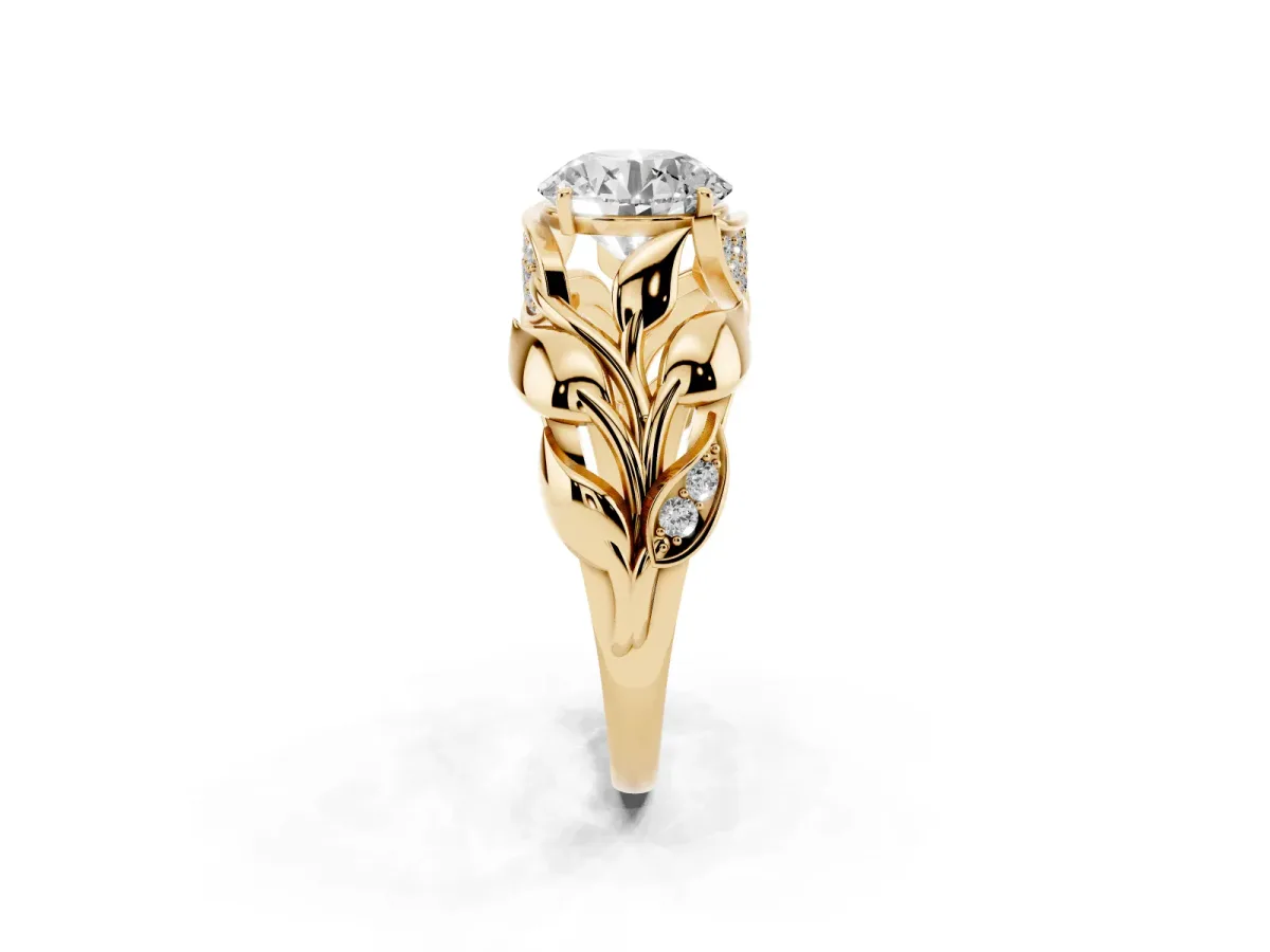 Round Cut Diamond Leaf-Inspired Engagement Ring with Round Accents and Prong Setting Yellow gold