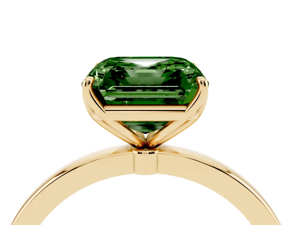 Fancy Green Asscher Cut Diamond Solitaire Ring with Thin Band and Prong Setting Yellow gold