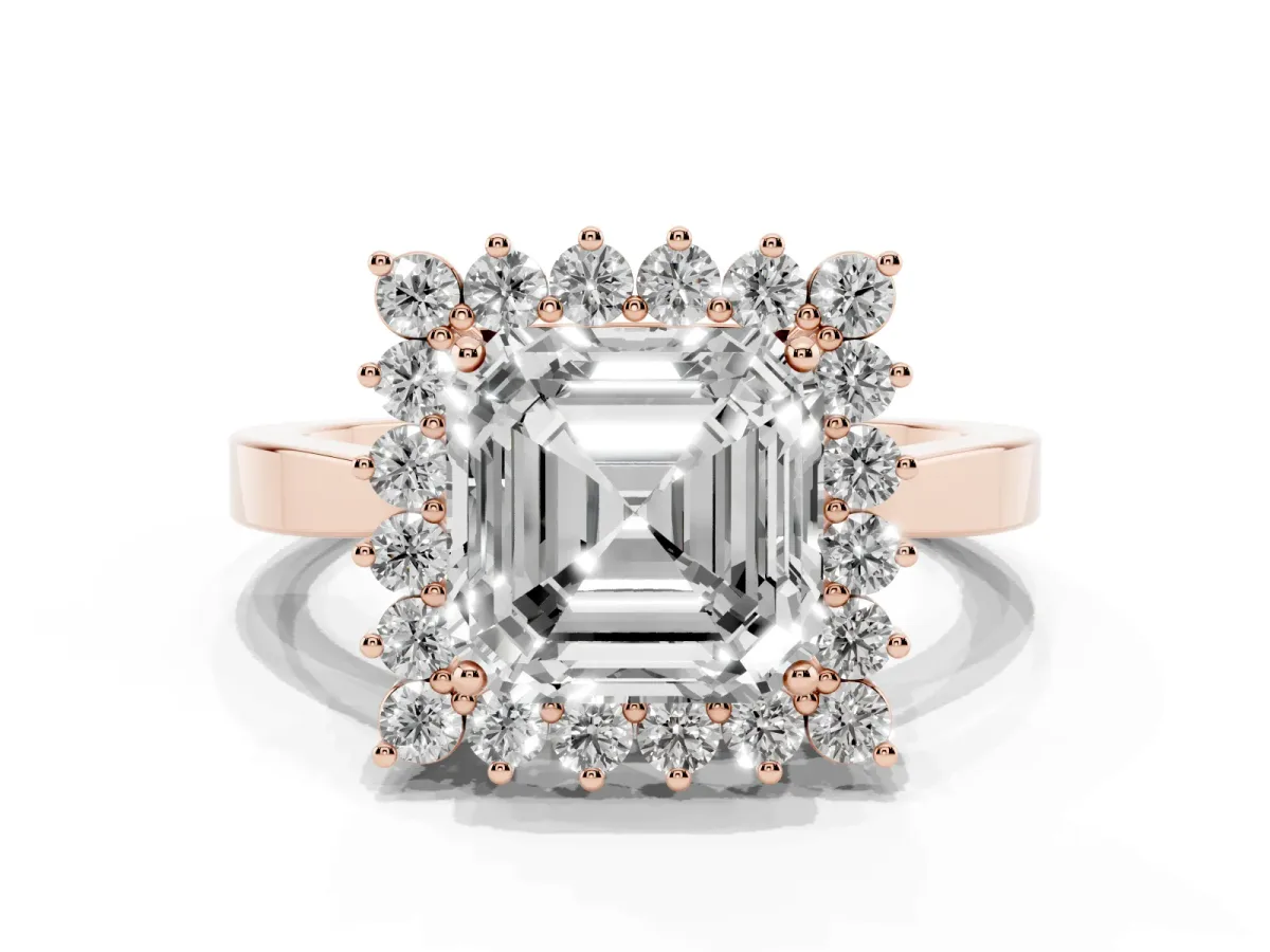 Asscher Cut Cut Diamond Halo Ring with Round Brilliant Halo and Solitaire Band Rose gold
