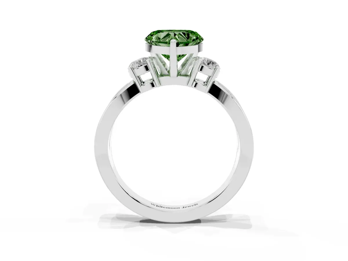 Fancy Green Three-Stone Heart Cut Cut Diamond Twist Band with Prong Setting Silver