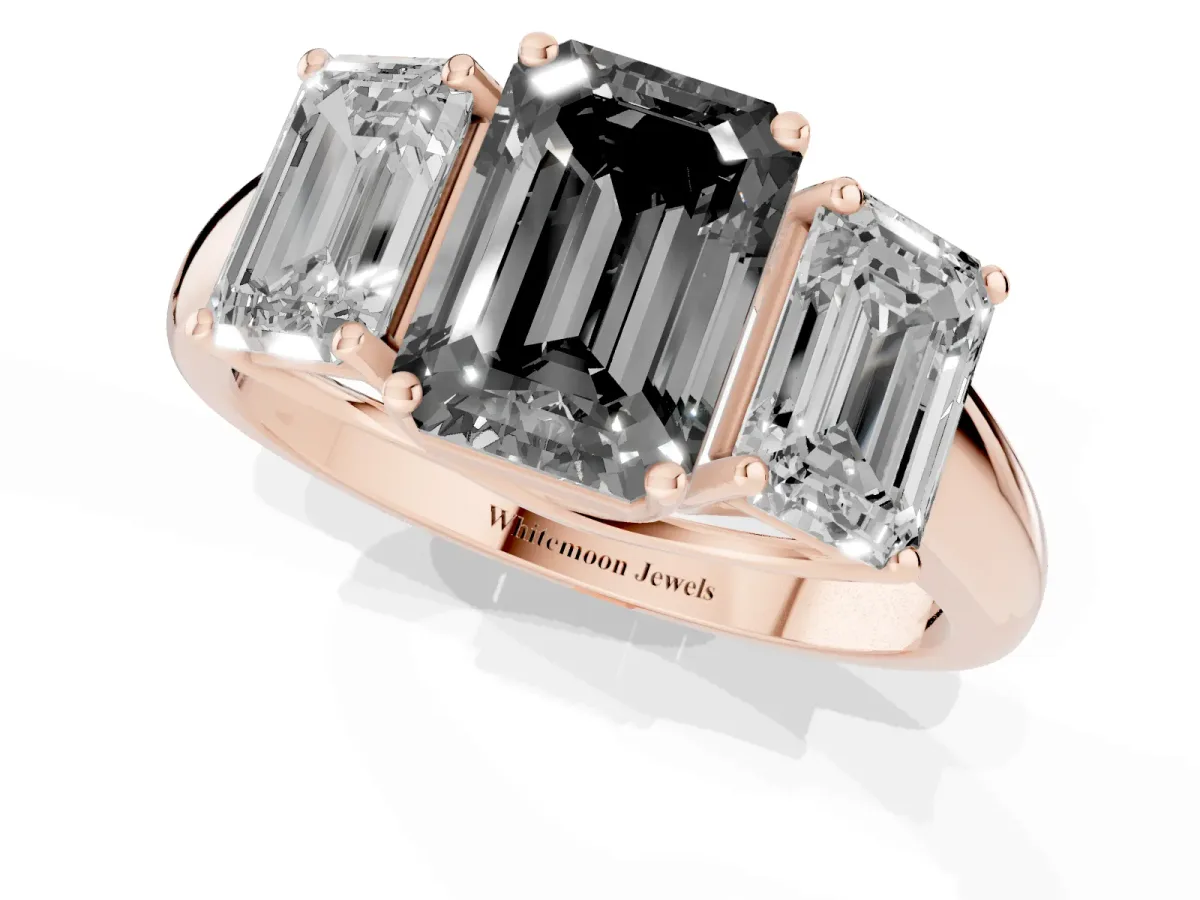 Fancy Black Three-Stone Emerald Cut Diamond Engagement Ring with Prong Setting Rose gold