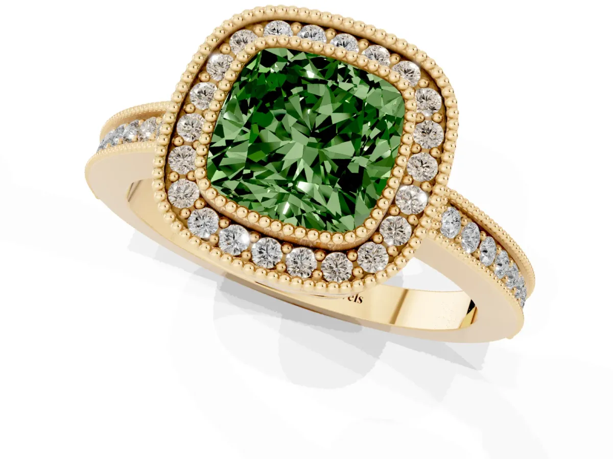 Fancy Green Cushion Cut Cut Halo Diamond Ring with Pavé Band and Milgrain Prong Setting Yellow gold