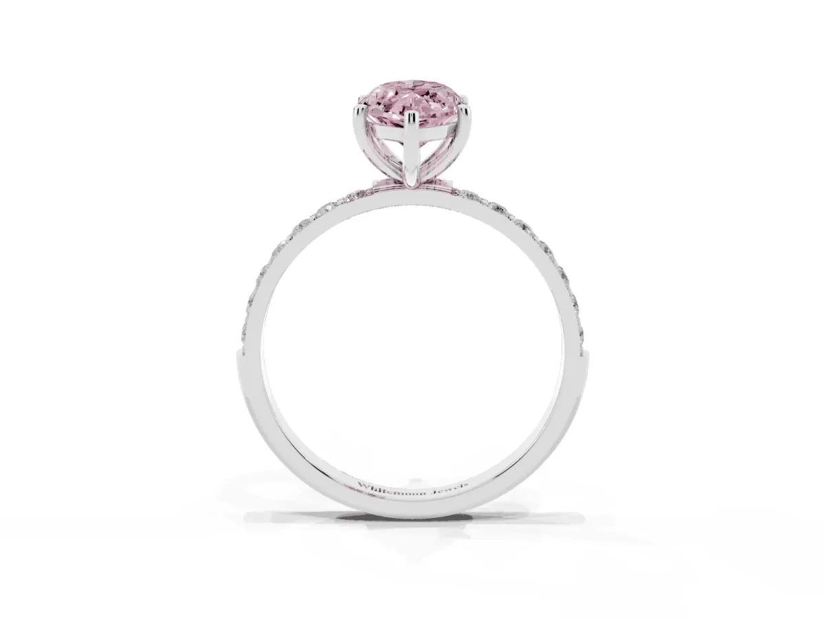 Fancy Pink Marquise Cut Diamond Solitaire Ring with Round Pavé Shoulders and Prong Setting Silver