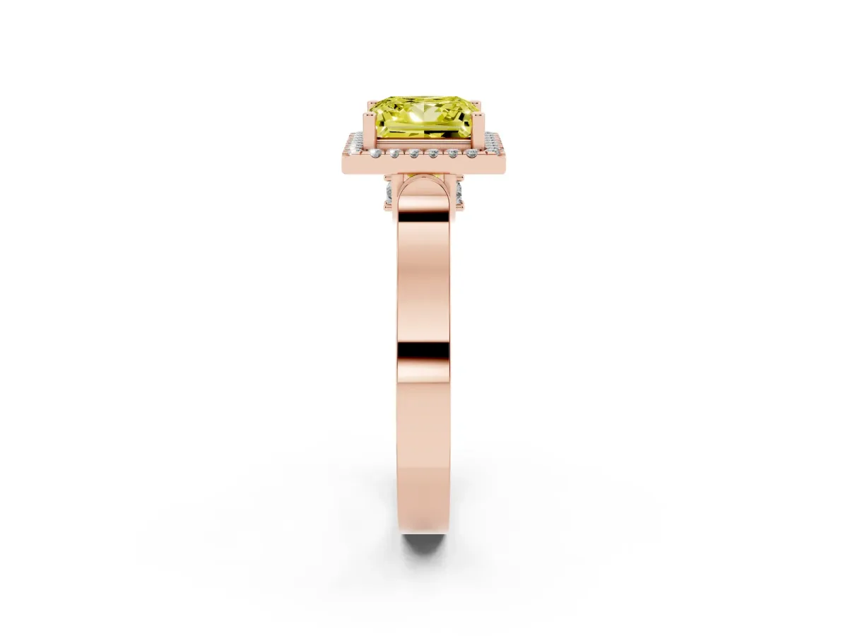 Fancy Yellow Princess Cut Halo Round Diamond Twist Band with Four-Prong Setting Rose gold