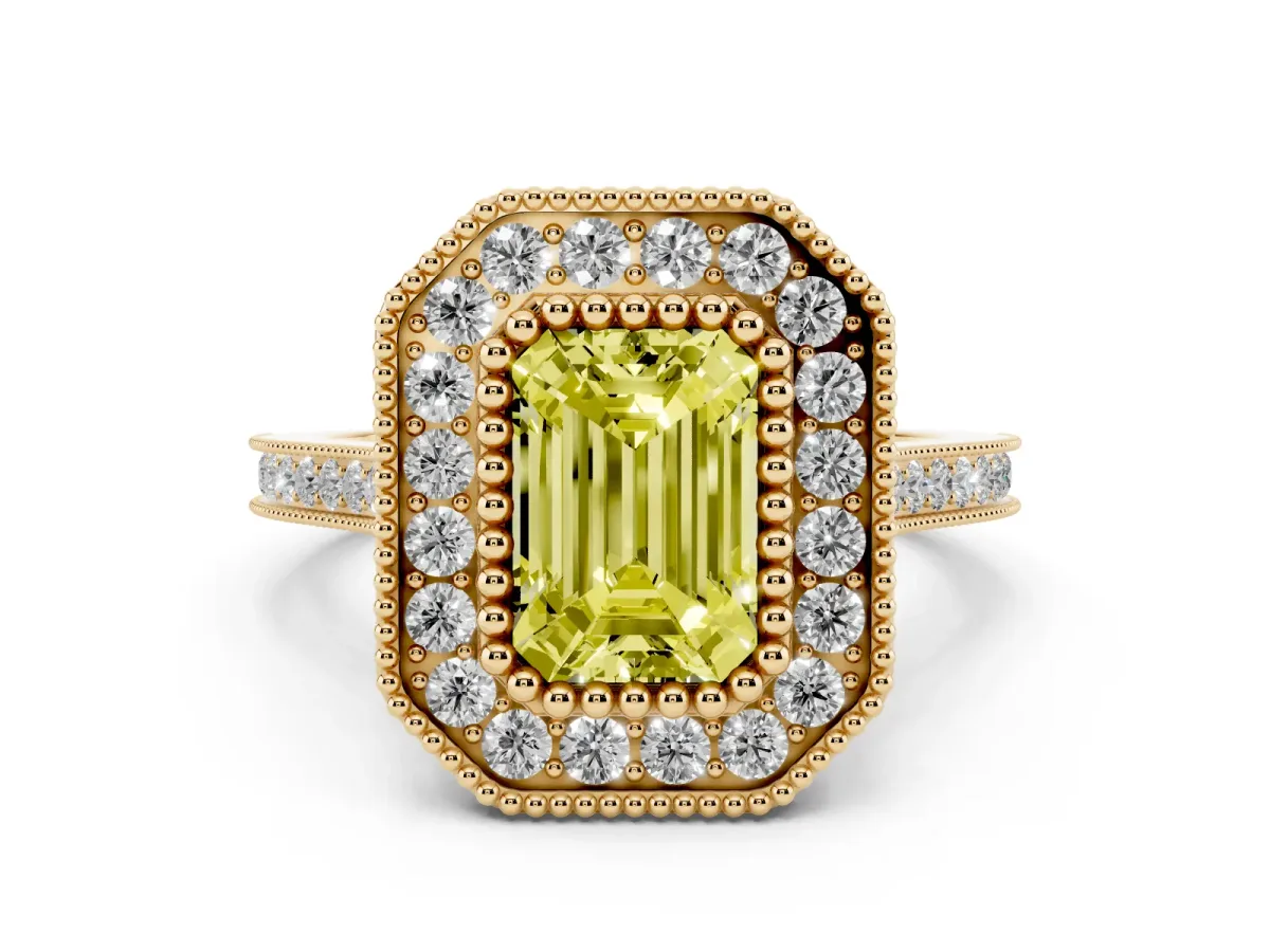 Fancy Yellow Emerald Cut Diamond Halo Ring with Milgrain Frame and Pavé Band Yellow gold