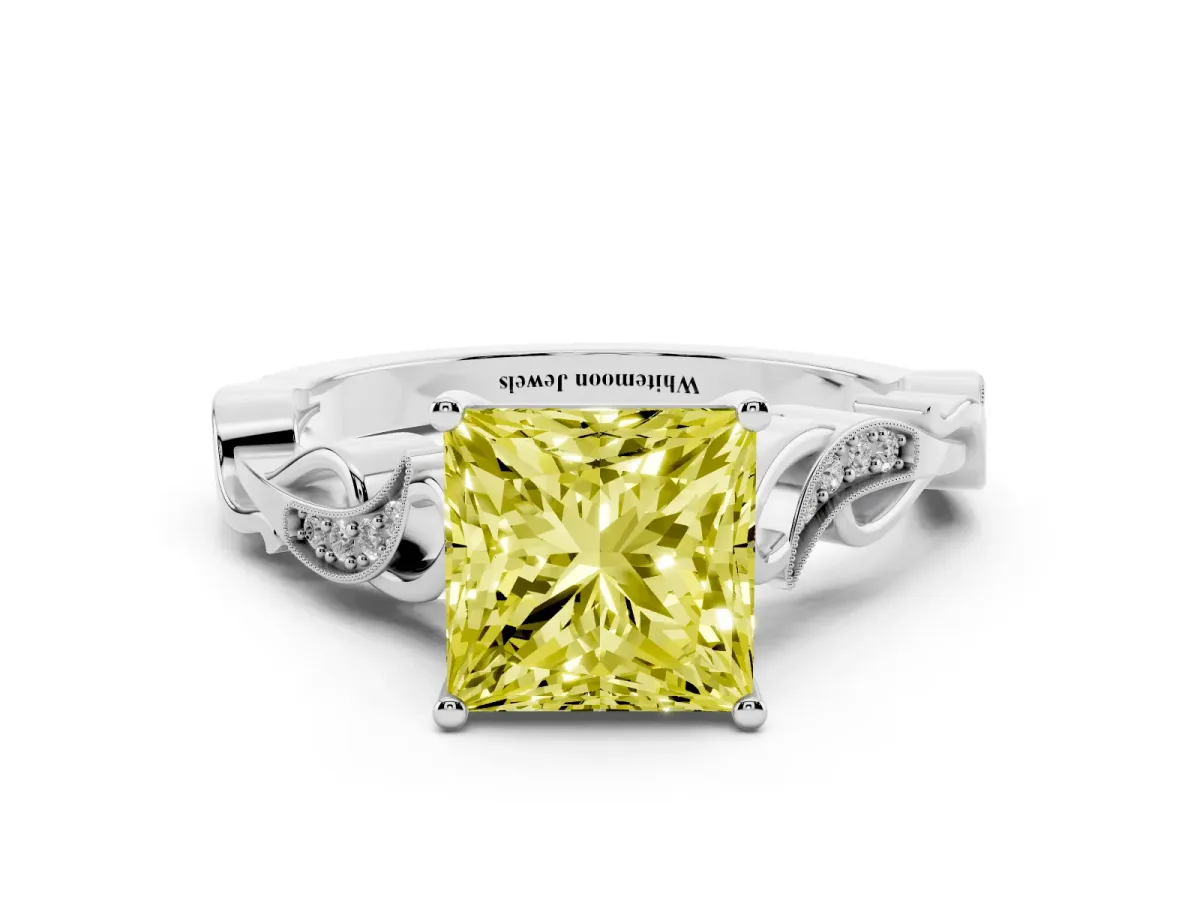Fancy Yellow Princess Cut Solitaire Vine Band with Milgrain Prong Setting Silver