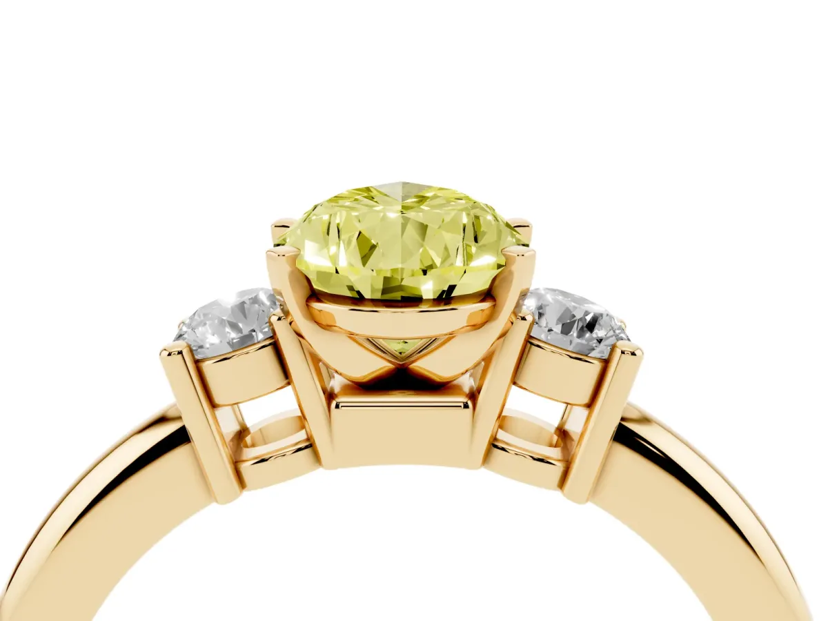 Fancy Yellow Three-Stone Pear Cut Cut Diamond Solitaire with Prong Setting and Classic Band Yellow gold