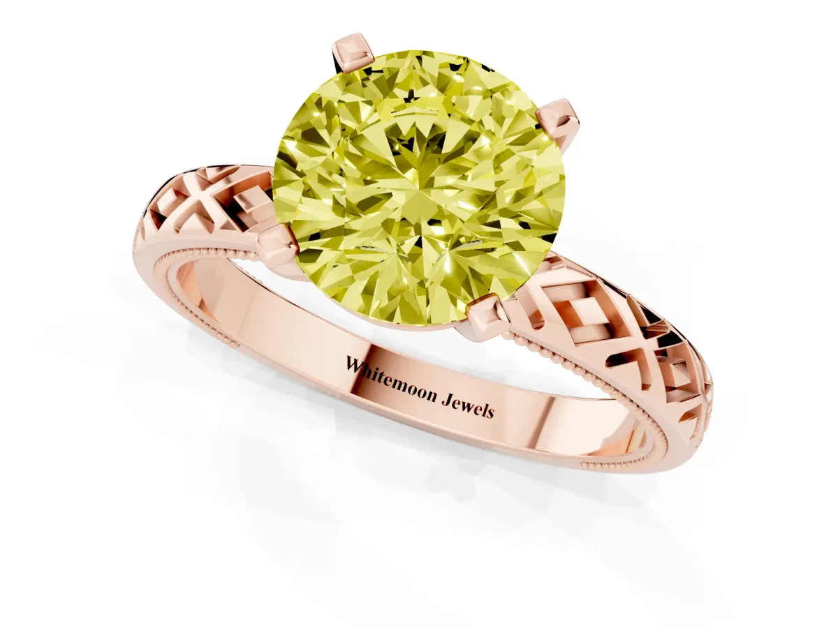 Fancy Yellow Round Cut Solitaire Diamond Ring with Milgrain and Black Enamel X Pattern Band Rose gold