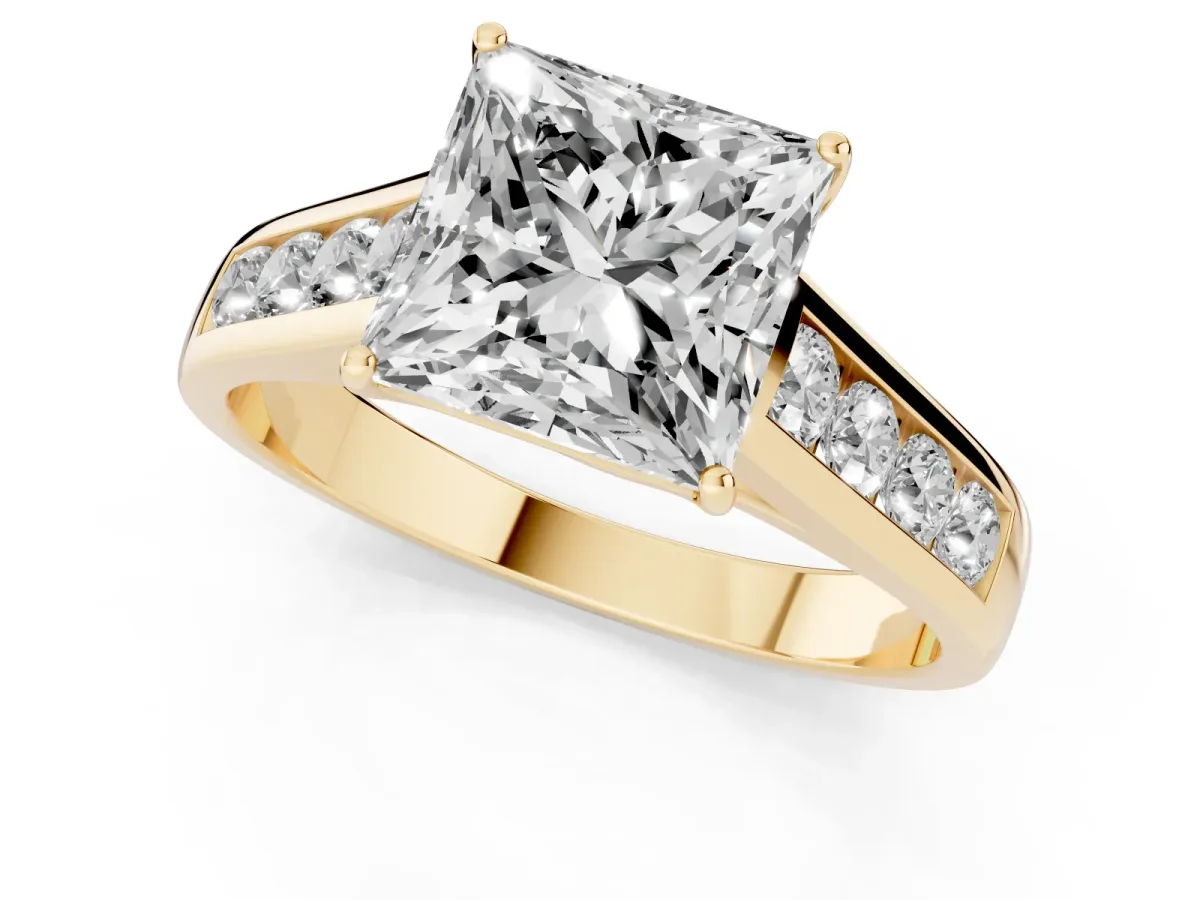 Princess Cut Solitaire Channel-Set Diamond Engagement Ring with Four-Prong Setting Yellow gold