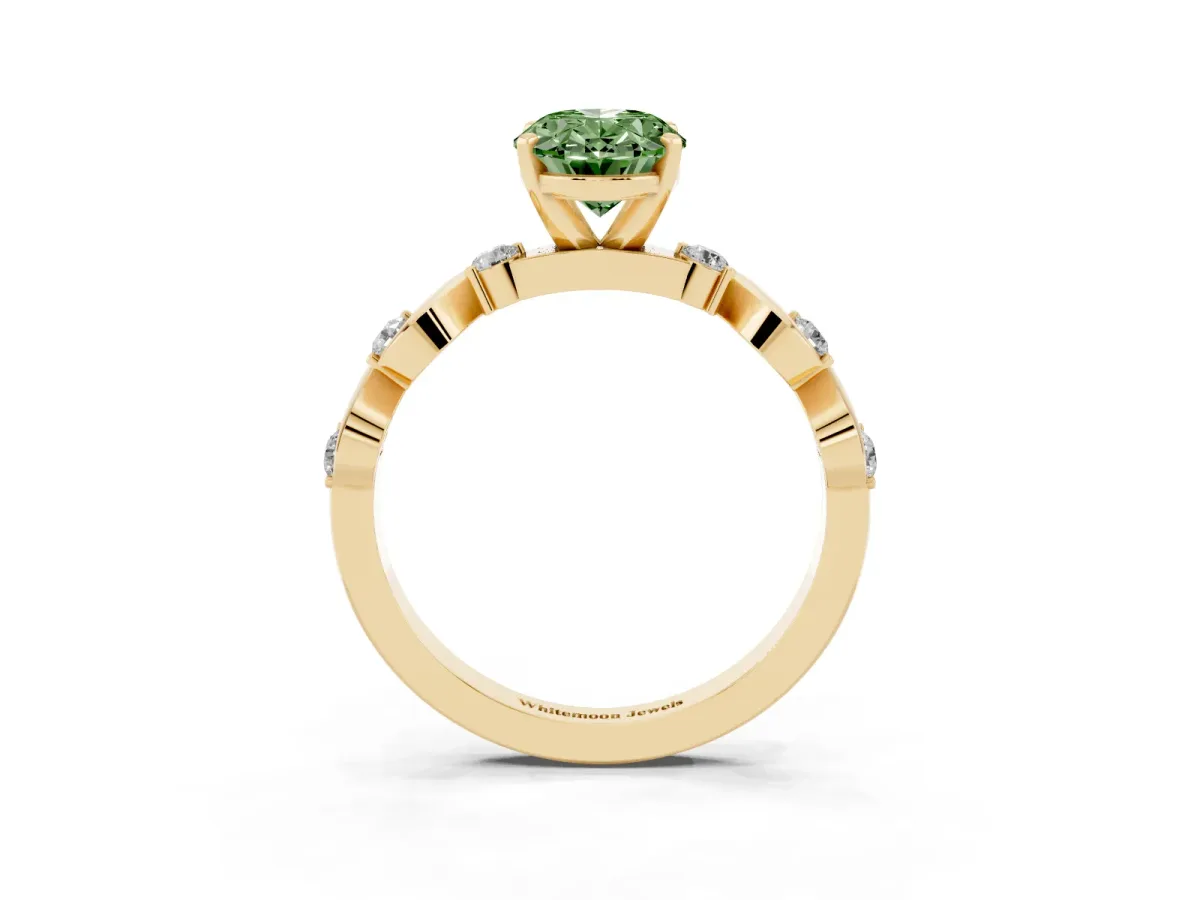 Fancy Green Oval Cut Diamond Solitaire Twisted Band with Round Accents and Prong Setting Yellow gold