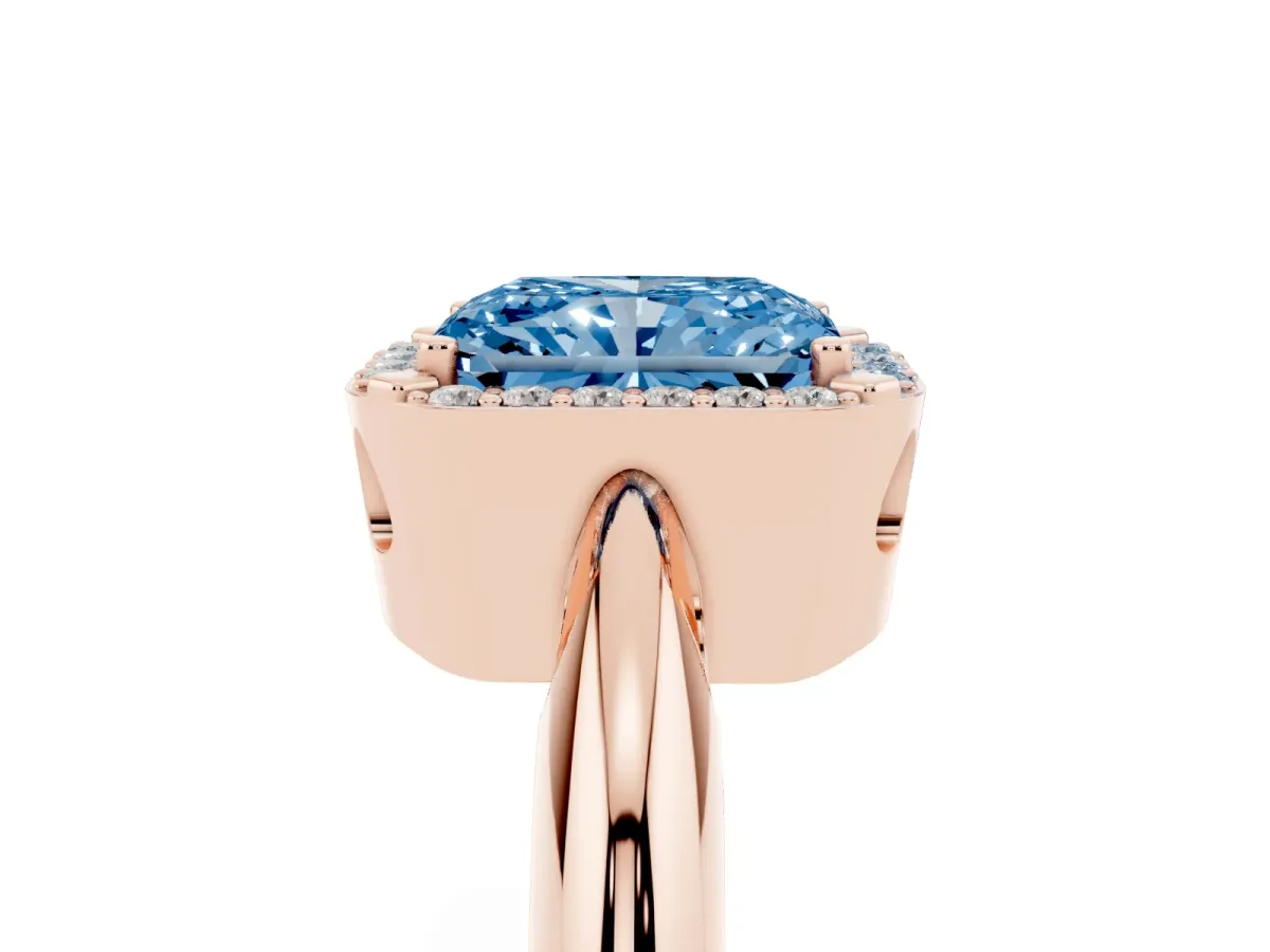 Fancy Blue Radiant Cut Cut Diamond Halo Engagement Ring with Split Shank and Four-Prong Setting Rose gold