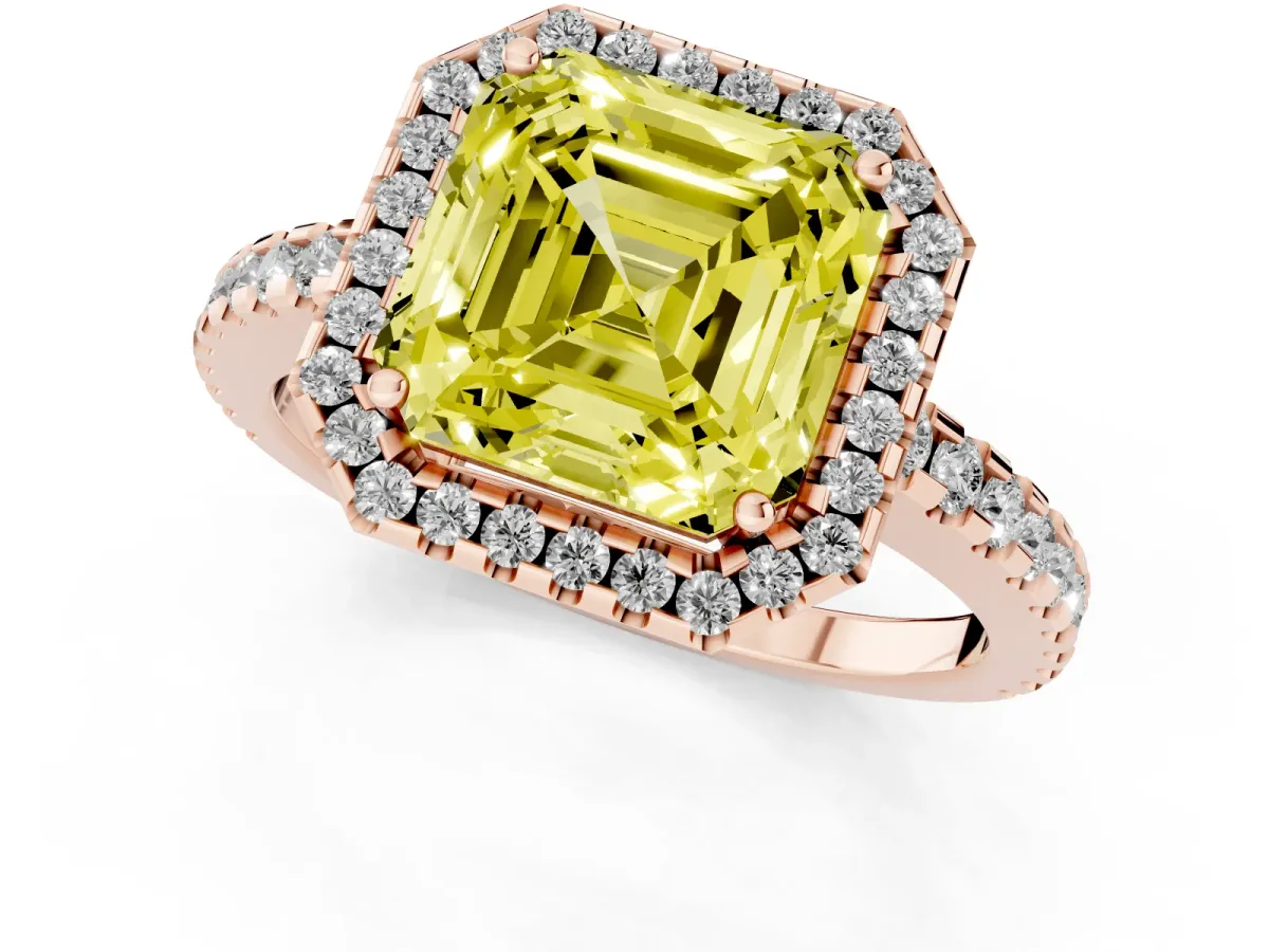 Fancy Yellow Asscher Cut Diamond Halo Engagement Ring with Pavé Band and Prong Setting Rose gold