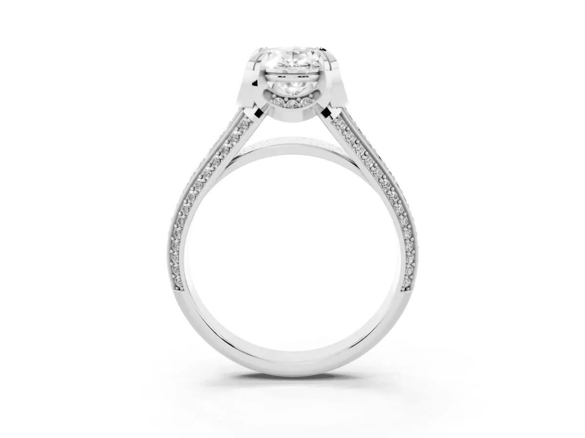 Oval Cut Solitaire Pave Split Shank Ring with Four-Prong Setting Platinum