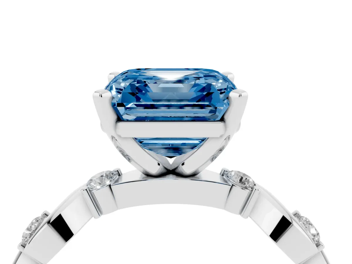 Fancy Blue Asscher Cut Diamond Solitaire Twisted Band with Round Accents and Prong Setting White gold