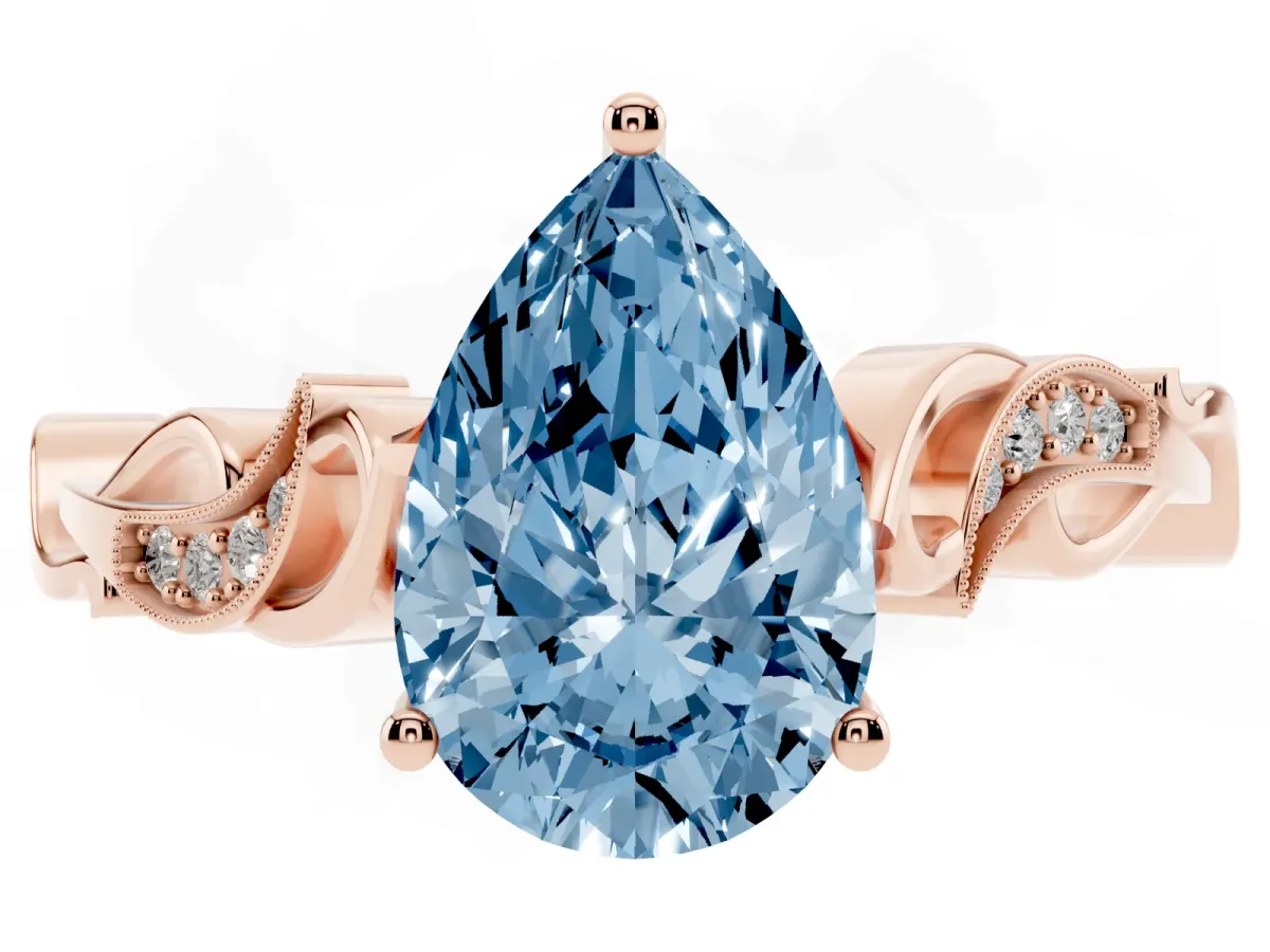 Fancy Blue Pear Cut Solitaire Vine Band with Milgrain Prong Setting Rose gold
