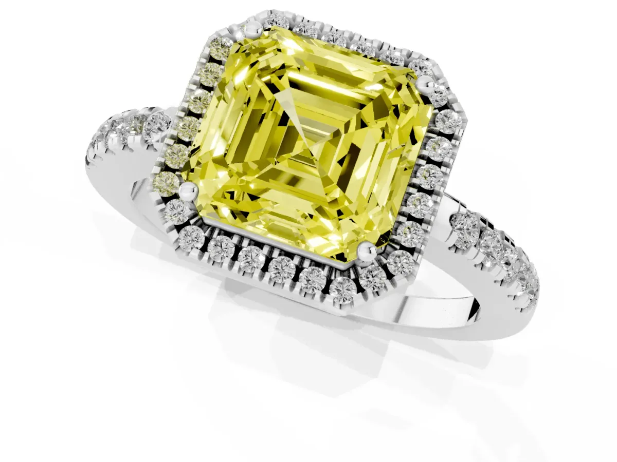 Fancy Yellow Asscher Cut Halo Diamond Engagement Ring with Pavé Band and Four-Prong Setting Platinum