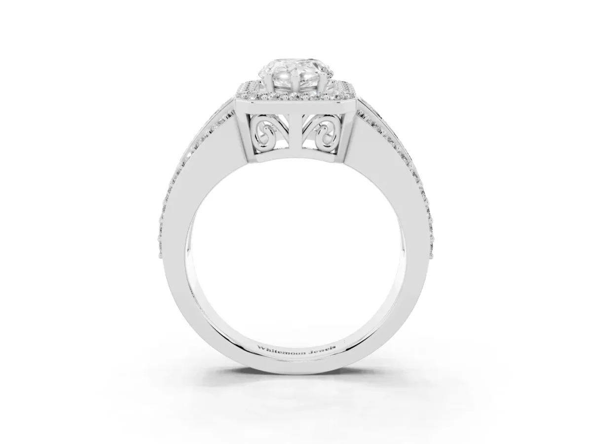 Pear Cut Halo Diamond Ring with Round Split Shank and Prong Setting White gold