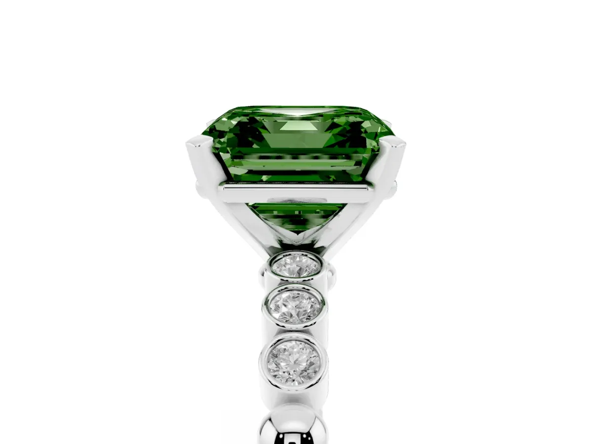 Fancy Green Asscher Cut Solitaire Bezel Accent Diamond Engagement Ring with Beaded Band and Four-Prong Setting Silver