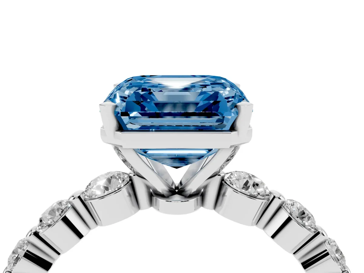 Fancy Blue Asscher Cut Solitaire Diamond Ring with Pave Band and Four-Prong Setting Silver