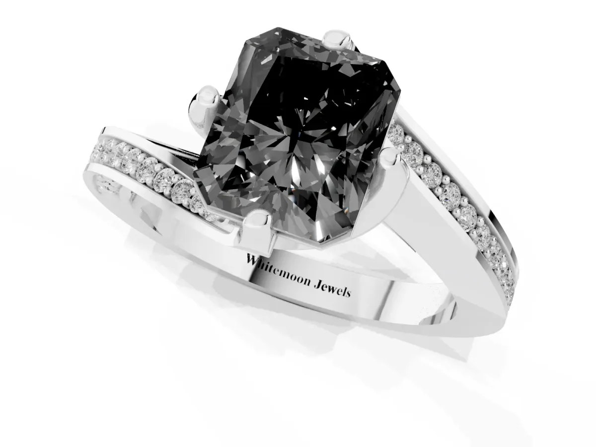 Fancy Black Radiant Cut Solitaire Diamond Twist Band with Pavé Setting and Four-Prong Setting Silver