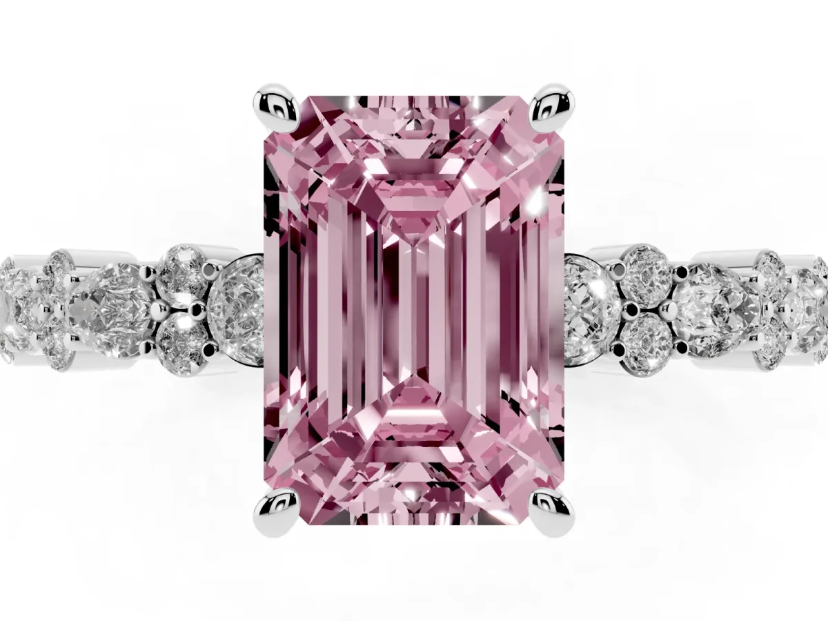 Fancy Pink Emerald Cut Diamond Side Stone Solitaire Ring with Round and Four-Prong Setting Platinum