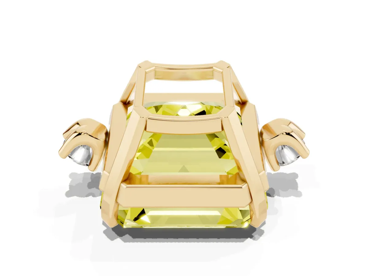 Fancy Yellow Asscher Cut Cut Three-Stone Solitaire Ring with Round Accent Diamonds and Four-Prong Setting Yellow gold