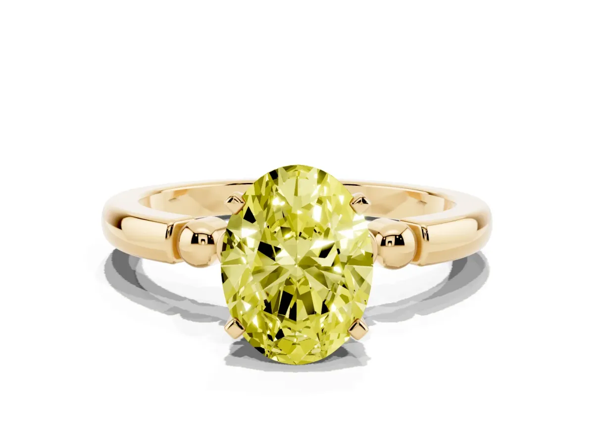 Fancy Yellow Oval Cut Solitaire Beaded Band with Four-Prong Setting Yellow gold