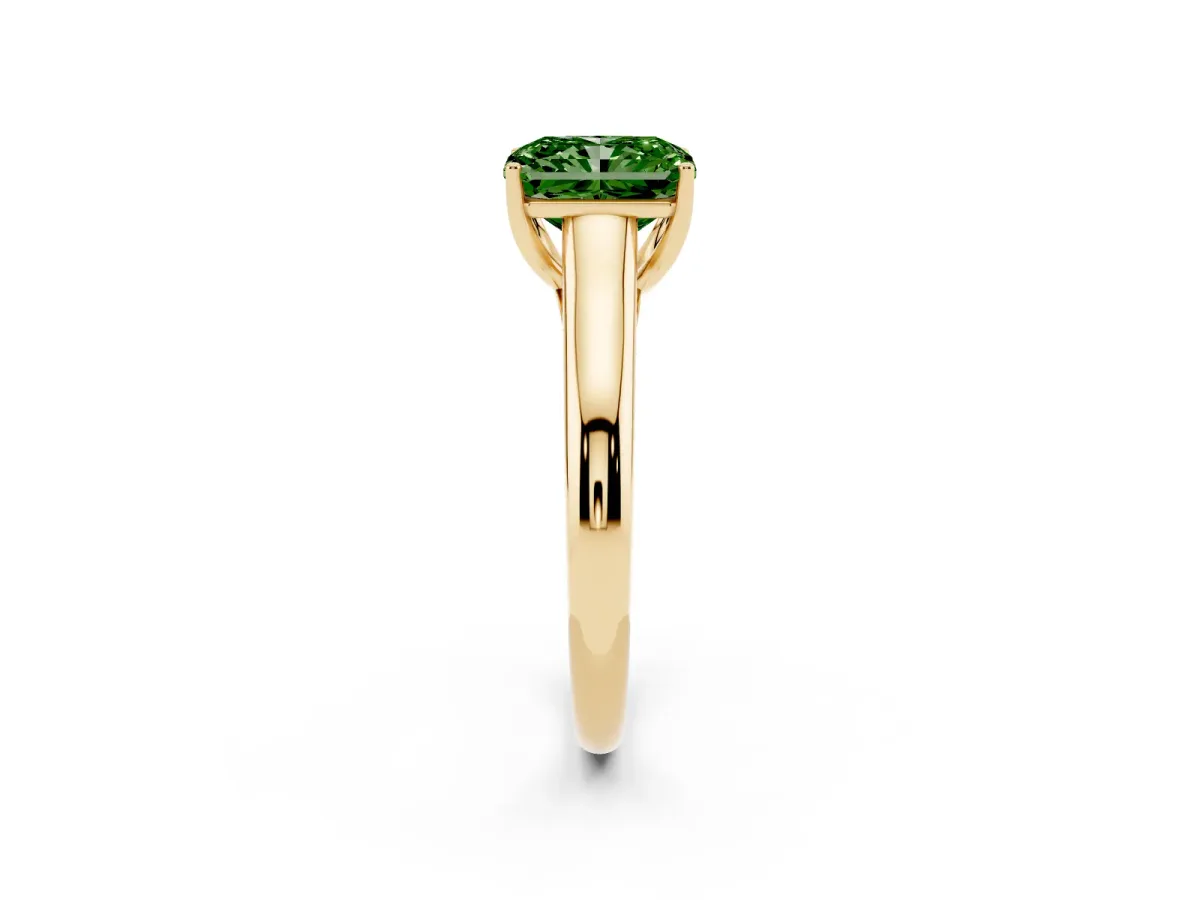 Fancy Green Radiant Cut Solitaire Engagement Ring with Tapered Band and Four-Prong Setting Yellow gold