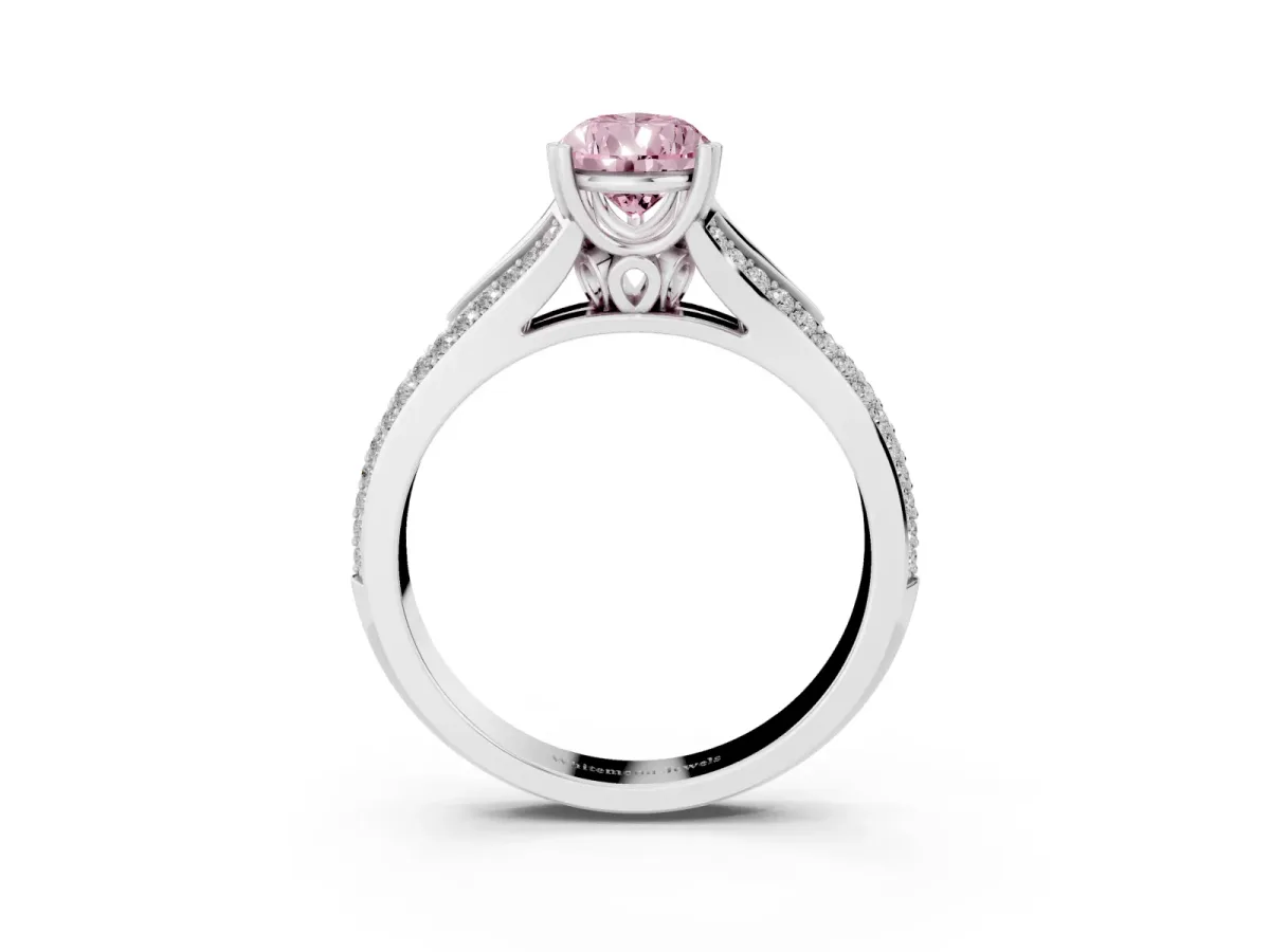 Fancy Pink Pear Cut Diamond Split Shank Engagement Ring with Pavé Band Platinum