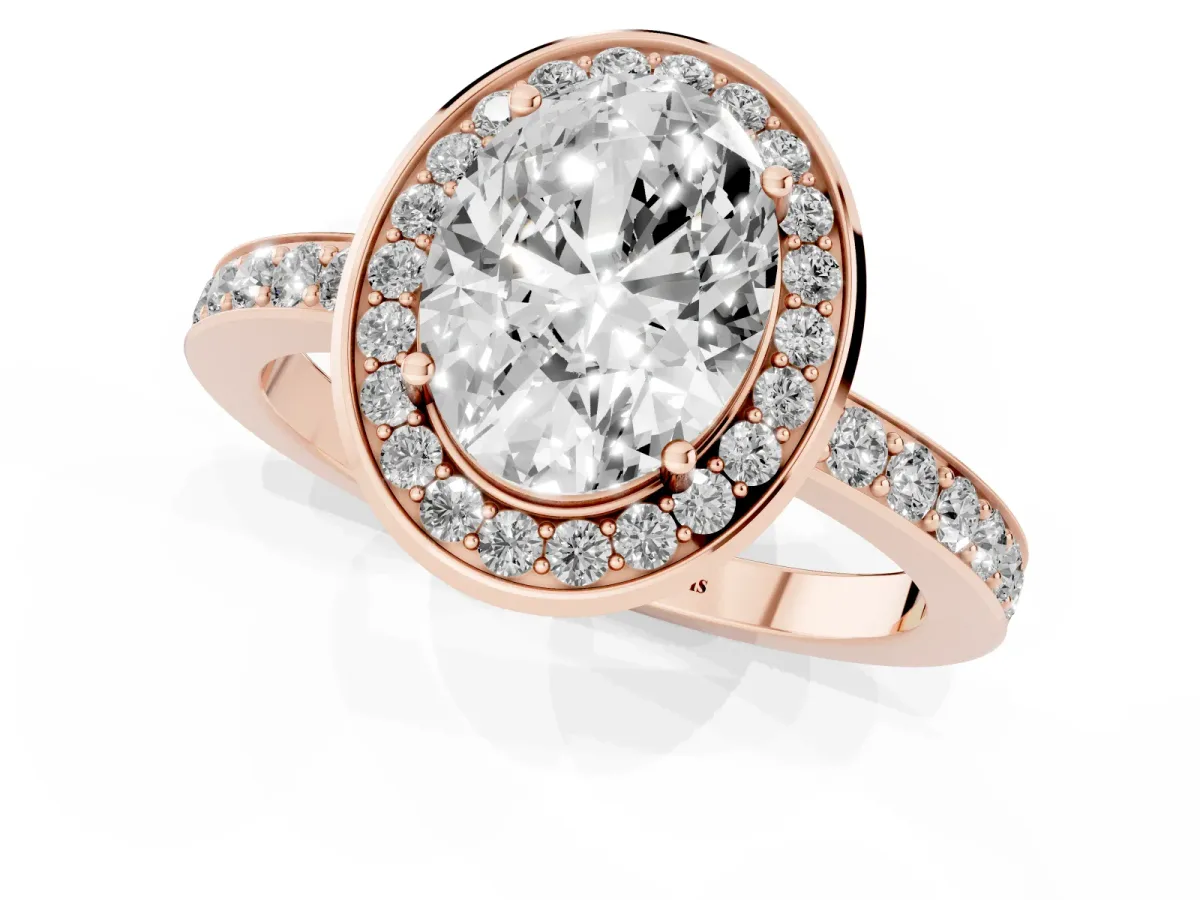 Oval Cut Diamond Halo Ring with Bezel Frame and Pavé Band Rose gold
