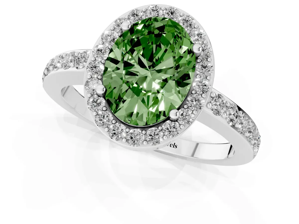 Fancy Green Oval Cut Halo Diamond Pavé Band Ring with Prong Setting Silver