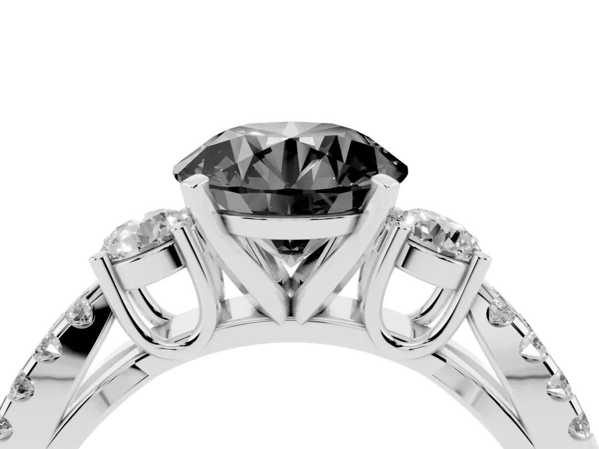 Fancy Black Round Cut Diamond Three-Stone Ring with Pavé Split Shank and Four-Prong Setting Silver