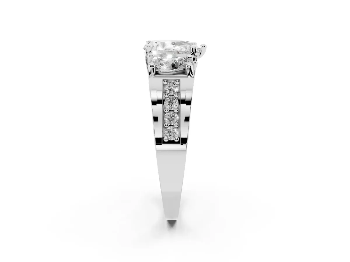 Pear Cut Diamond Three-Stone Ring with Channel Set Band and Four-Prong Setting Silver