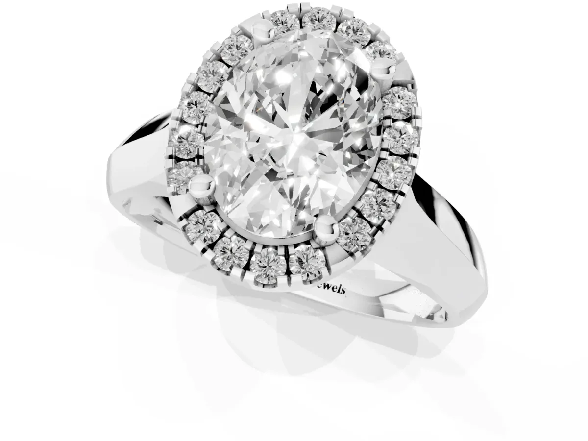 Oval Cut Cut Halo Solitaire Engagement Ring with Square Band and Four-Prong Setting White gold