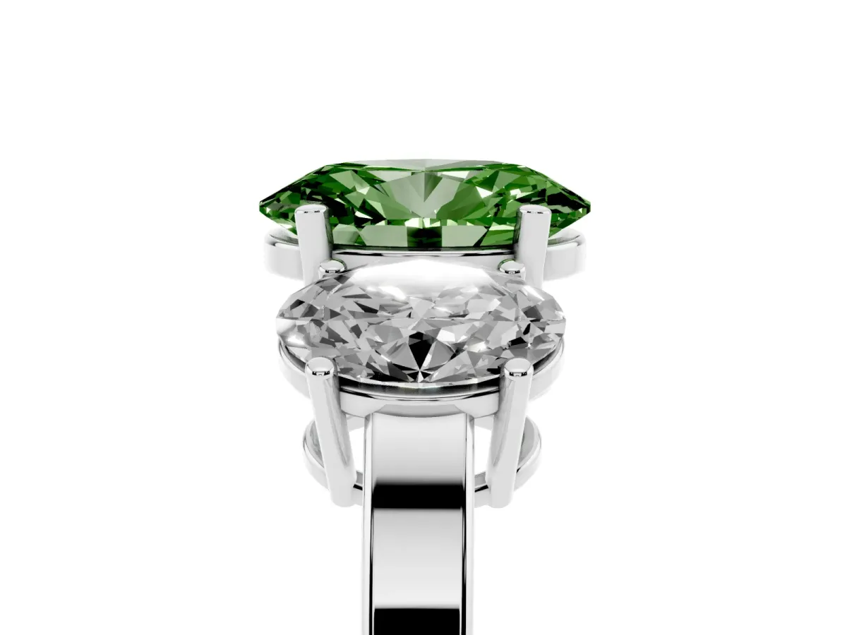 Fancy Green Three-Stone Oval Cut Cut Diamond Engagement Ring with Flat Band and Four-Prong Setting Silver