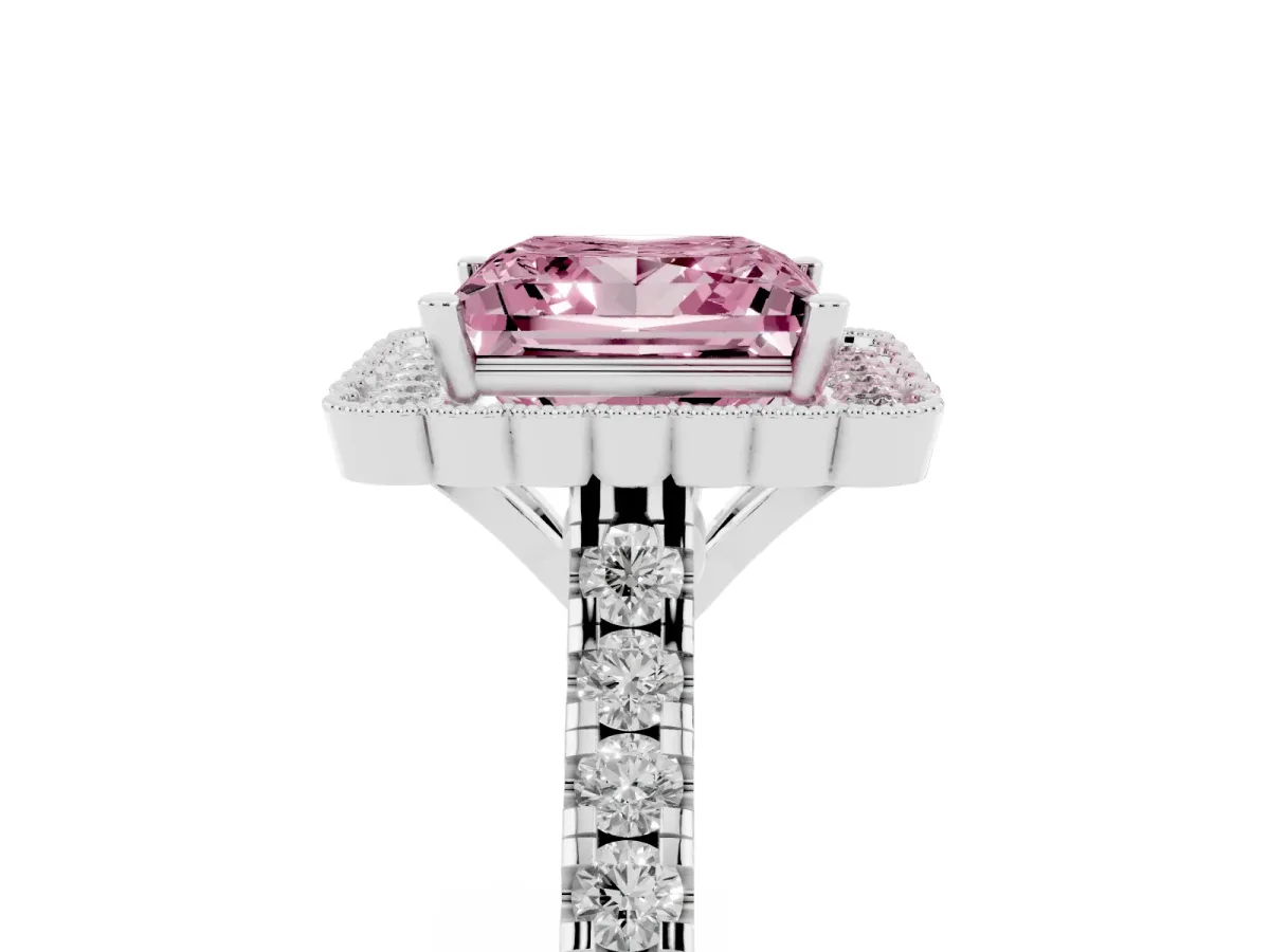 Fancy Pink Princess Cut Cut Diamond Milgrain Floral Halo Engagement Ring with Pavé Band Silver