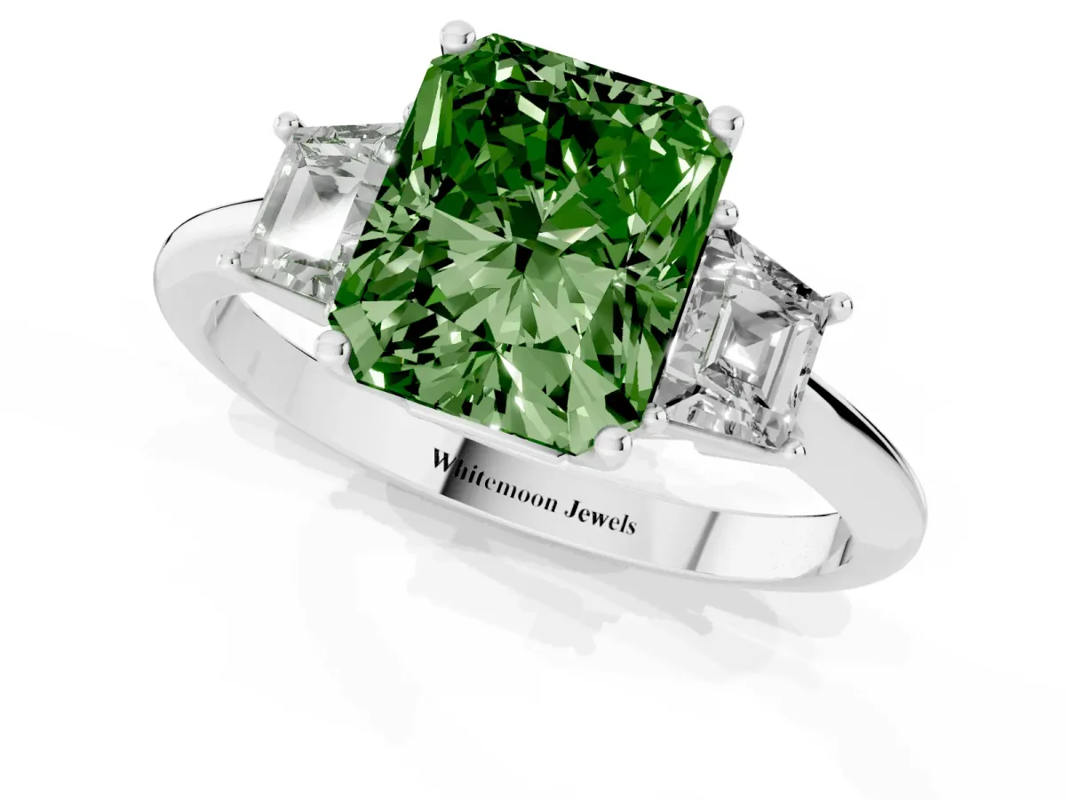 Fancy Green Radiant Cut Diamond Three-Stone Ring with Trapezoid Side Stones and Prong Setting Silver