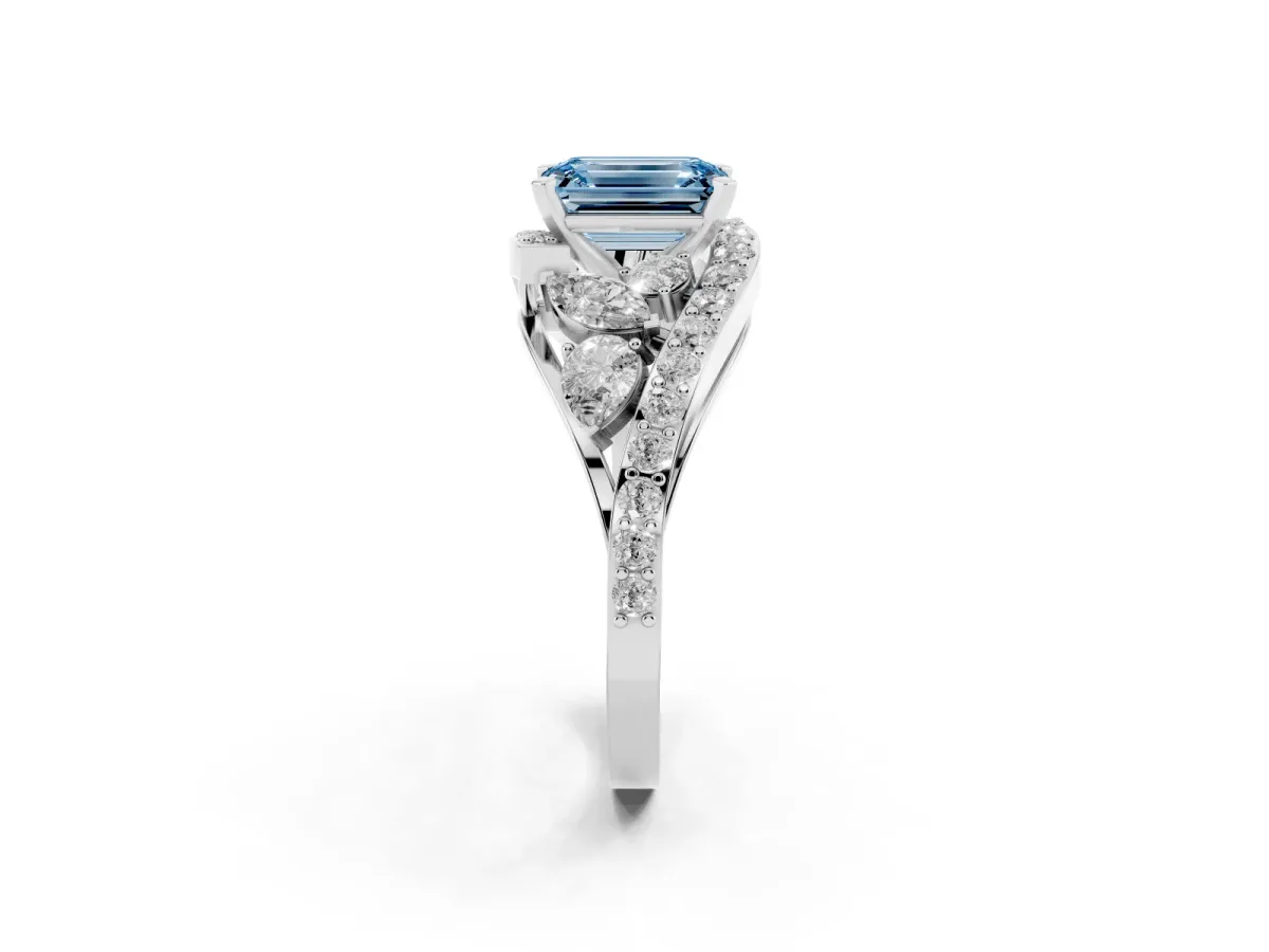Fancy Blue Emerald Cut Diamond Halo Ring with Marquise and Pavé Band in Prong Setting White gold