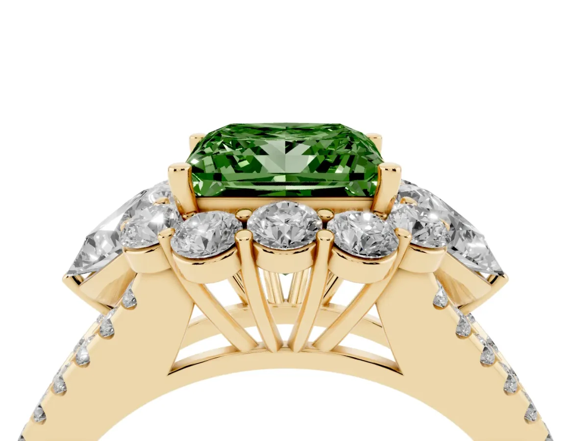 Fancy Green Princess Cut Halo Split Shank Diamond Engagement Ring with Prong Setting Yellow gold