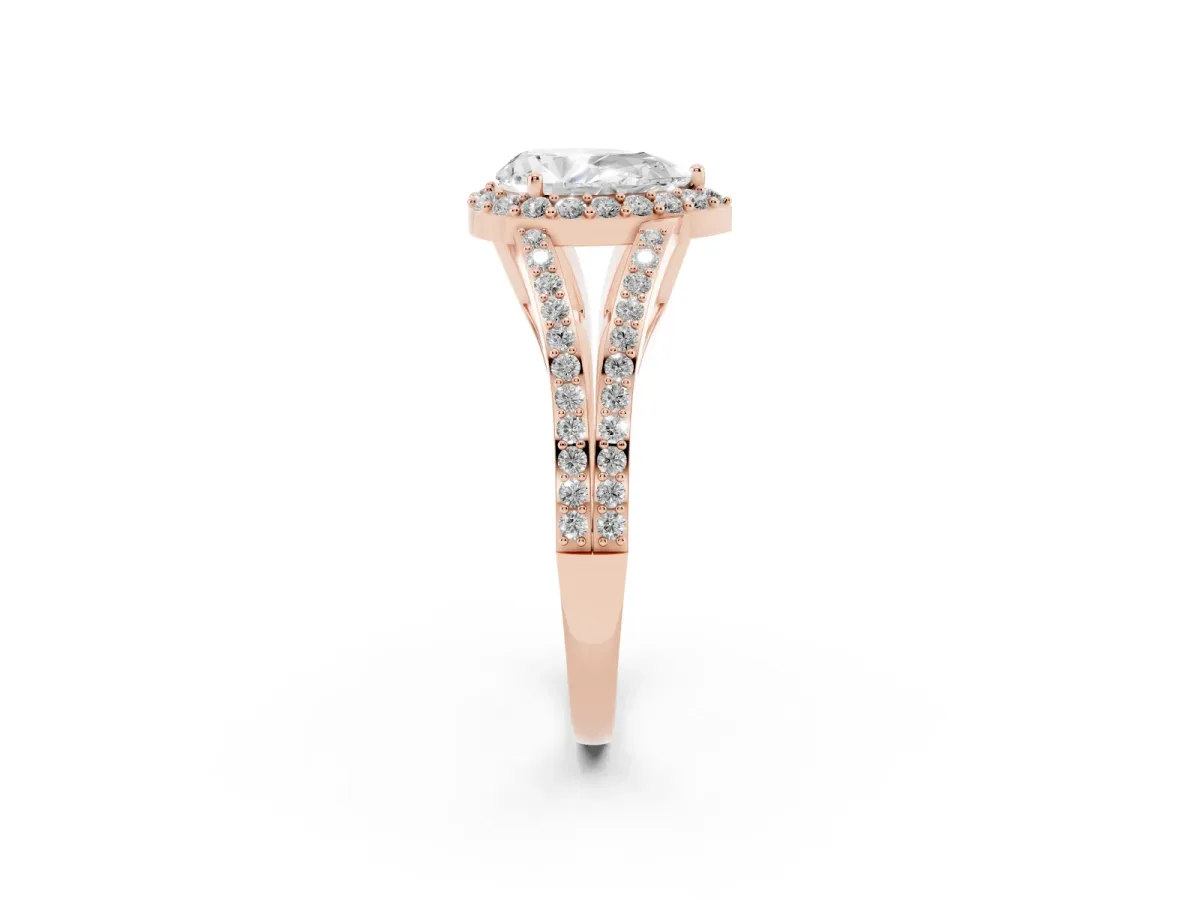 Pear Cut Halo Split Shank Pave Diamond Ring with Four-Prong Setting Rose gold