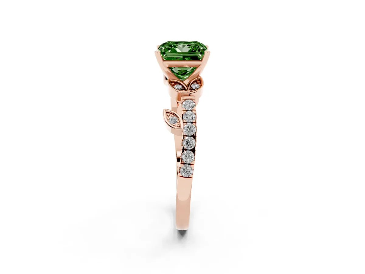 Fancy Green Princess Cut Solitaire Leaf-Inspired Diamond Ring with Pavé Band and Four-Prong Setting Rose gold