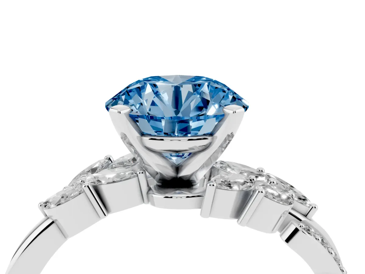 Fancy Blue Round Cut Solitaire Marquise Twist Band with Six-Prong Setting Silver