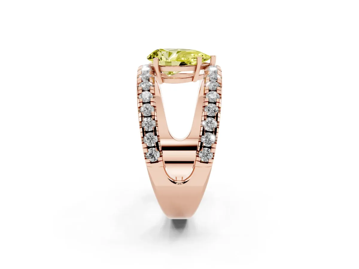 Fancy Yellow Pear Cut Solitaire Split Shank Pave Diamond Ring Rose gold