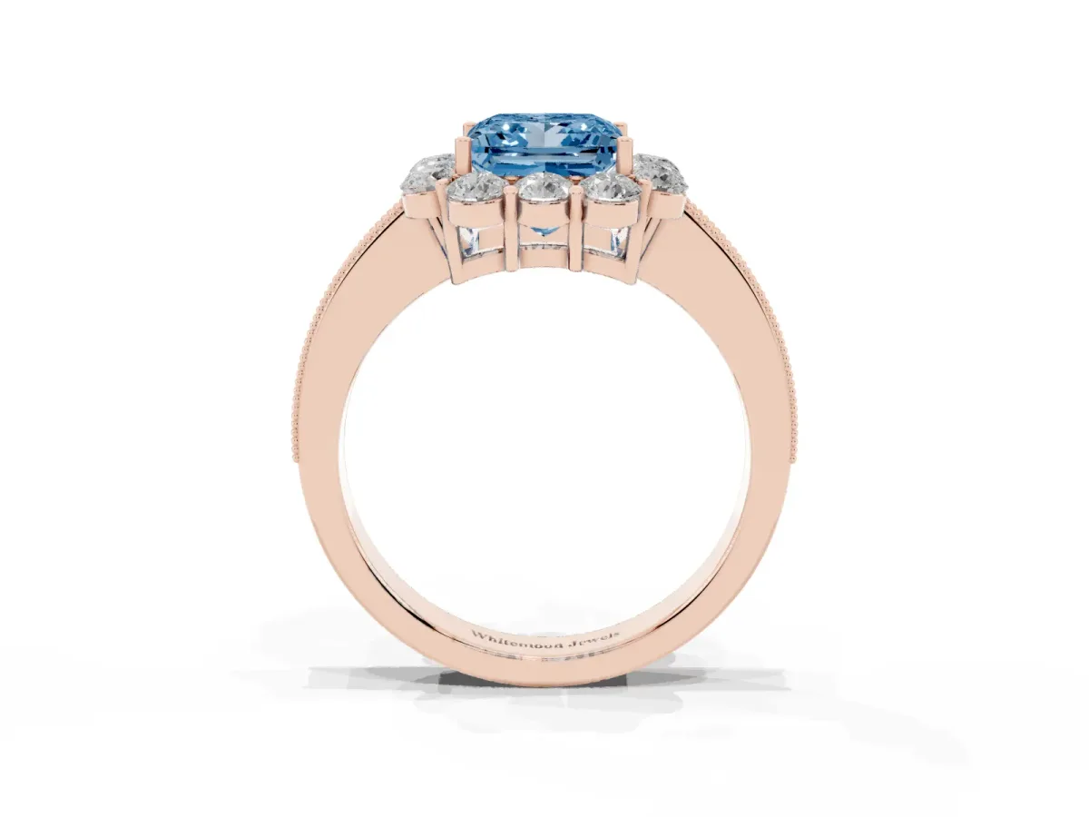 Fancy Blue Princess Cut Cut Halo Diamond Pavé Engagement Ring with Milgrain Detailing Rose gold