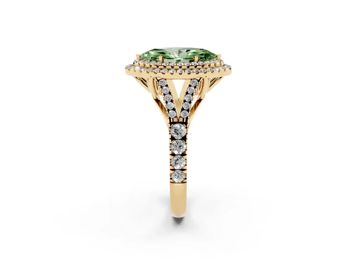 Fancy Green Marquise Cut Cut Double Halo Split Shank Diamond Ring with Prong Setting Yellow gold